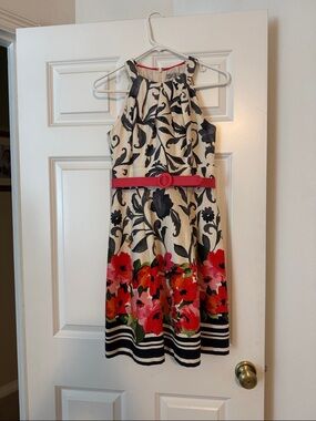 Eliza J Cream Floral sleeveless Dress with Black Vine Print & Coral Belt